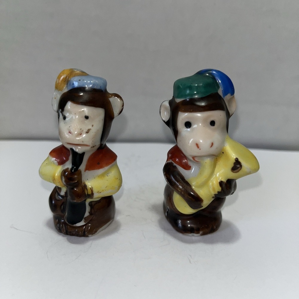 Vintage Miniature Ceramic Monkey Musician Figurines Set of 2 Hand Painted 2 Inch